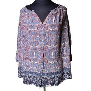 BASIC EDITIONS Blouse Women's 3X Top Paisley 3/4 Sleeve Sheer Purple Blue V Neck